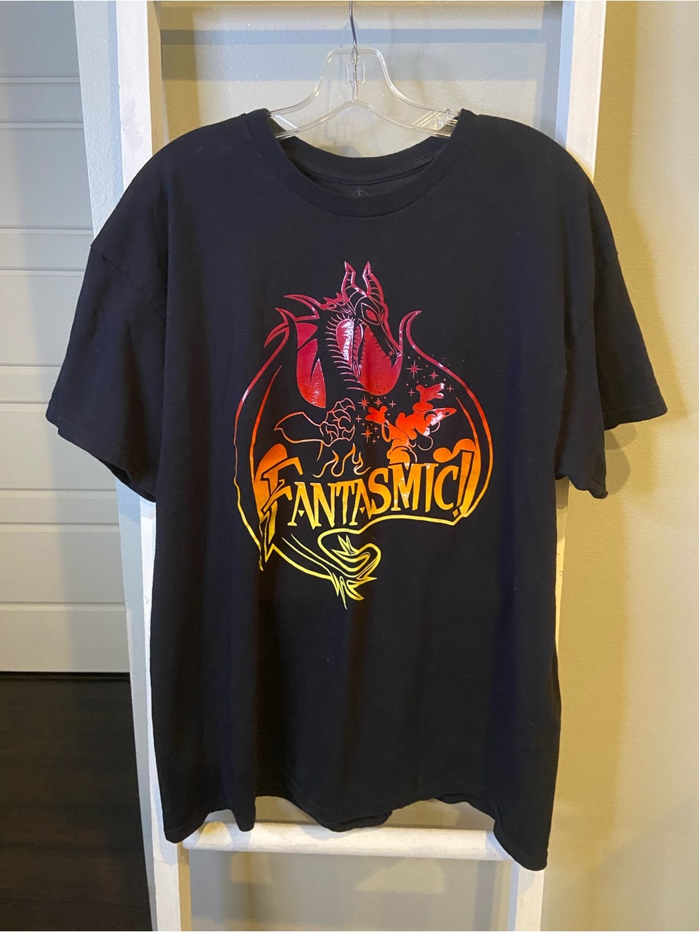 Disney Black Fantasmic! Graphic Tee with Red Orange Yellow Print
